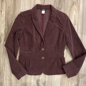 J.CREW 0 Dark Purple Stretch Cotton‎ 2-Button  Gathered Waist Corduroy Blazer